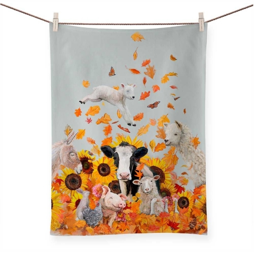 GreenBox Fall - Leaf Pile On The Farm Tea Towel NWOT